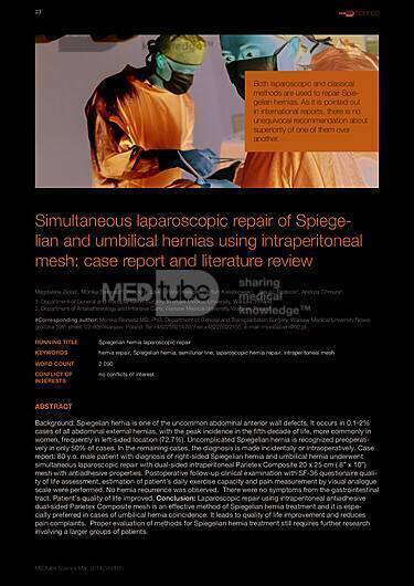 MEDtube Science 2014 - Simultaneous laparoscopic repair of Spiegelian and umbilical hernias using intraperitoneal mesh: case report and literature review