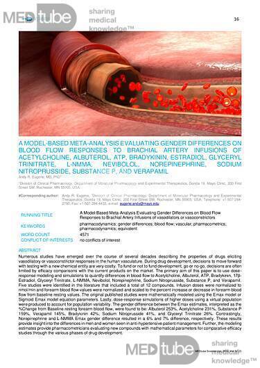 MEDtube Science 2016 - A Model-Based Meta-Analysis Evaluating Gender Differences on Blood Flow Responses to Brachial Artery Infusions of Acetylcholine, Albuterol, ATP, Bradykinin, Estradiol, Glyceryl Trinitrate, L-NMMA, Nevibolol, Norepinephrine, Sodium N