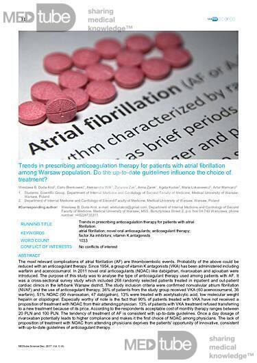 MEDtube Science 2017 - Trends in prescribing anticoagulation therapy for patients with atrial fibrillation among Warsaw population. Do the up-to-date guidelines influence the choice of treatment?