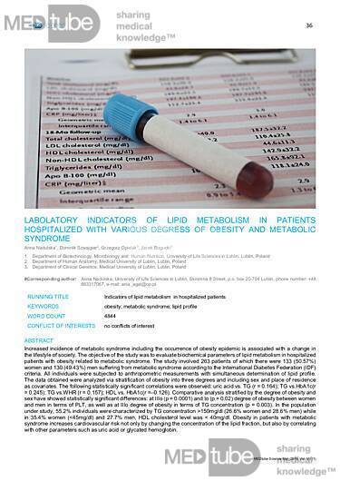 MEDtube Science 2019 - Labolatory indicators of lipid metabolism in patients hospitalized with various degress of obesity and metabolic syndrome