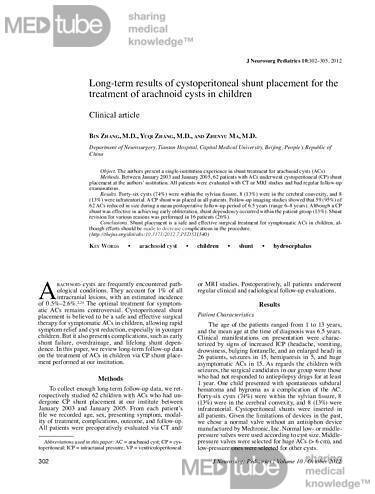 Long-term Results of Cystoperitoneal Shunt Placement for the Treatment of Arachnoid Cysts in Children