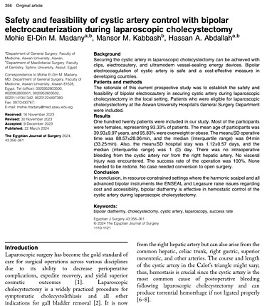 Safety and Feasibility of Cystic Artery Control with Bipolar Electrocauterization During Laparoscopic Cholecystectomy