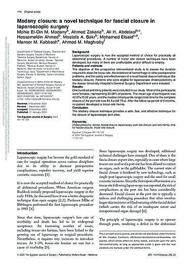 Madany Closure: a Novel Technique for Fascial Closure in Laparoscopic Surgery