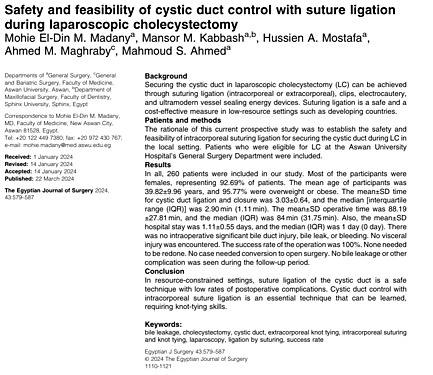 Safety and Feasibility of Cystic Duct Control with Suture Ligation During Laparoscopic Cholecystectomy