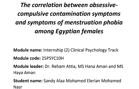 The Correlation Between Obsessive-Compulsive Contamination Symptoms And Symptoms Of Menstruation Phobia Among Egyptian Females 