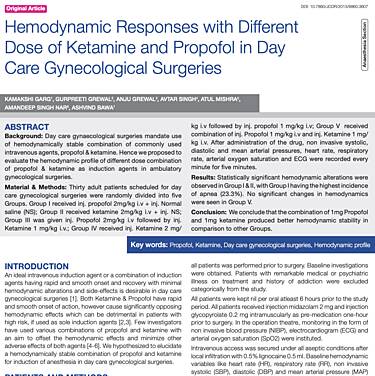 Hemodynamic Responses with Different Dose of Ketamine and Propofol in Day Care Gynecological Surgeries