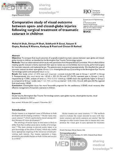 Comparative Study of Visual Outcome Following Open and Closed Globe Injuries in a Pediatric Age Group.