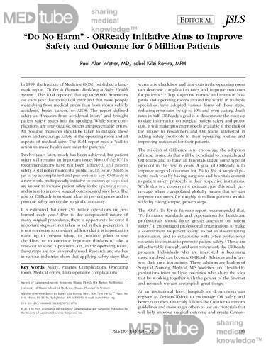 “Do No Harm” - ORReady Initiative Aims to Improve  Safety and Outcome for 6 Million Patients  