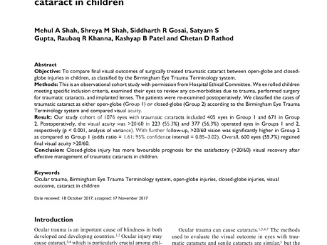 Comparative Study of Visual Outcome Following Open and Closed Globe Injuries in a Pediatric Age Group.