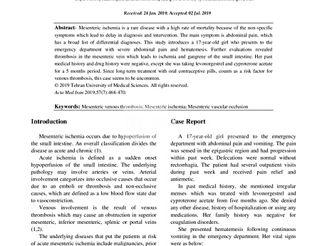 Report of a Young Female With Severe Abdominal Pain: Mesenteric Venous Thrombosis