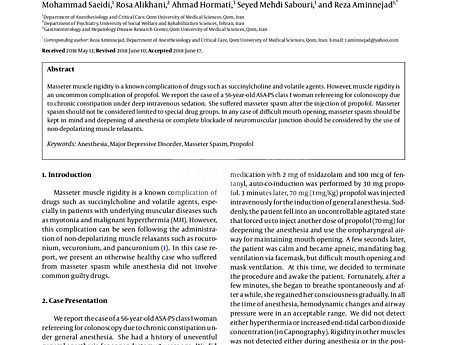 Propofol-Induced Masseter Muscle Spasm in aWoman with a Major Depressive Disorder