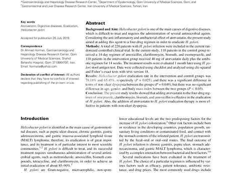 Atorvastatin in Combination with Conventional Antimicrobial Treatment of Helicobacter Pylori Eradication: A Randomized Controlled Clinical Trial