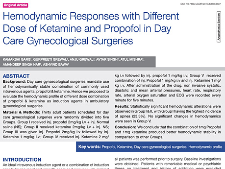 Hemodynamic Responses with Different Dose of Ketamine and Propofol in Day Care Gynecological Surgeries