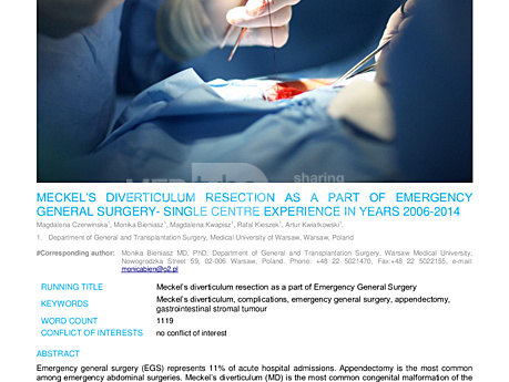 MEDtube Science 2016 - Meckel’s diverticulum resection as a part of Emergency General Surgery – single centre experience in years 2006-2014.
