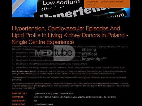 MEDtube Science 2015 - Hypertension, Cardiovascular Episodes And Lipid Profile In Living Kidney Donors In Poland – Single Centre Experience