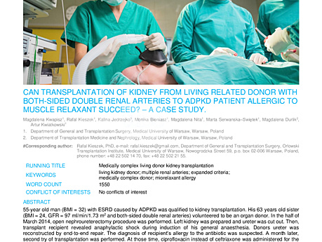 MEDtube Science 2017 - Can Transplantation of Kidney from Living Related Donor with Both-sided Double Renal Arteries to Adpkd Patient Allergic to Muscle Relaxant Succeed? – A Case Study